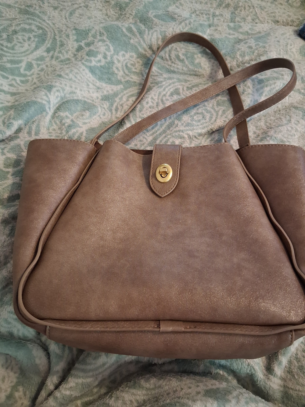 Authentic Leather Taupe Shoulder Tote with Turn-Lock Closure With Mini Bag And - Picture 3 of 8